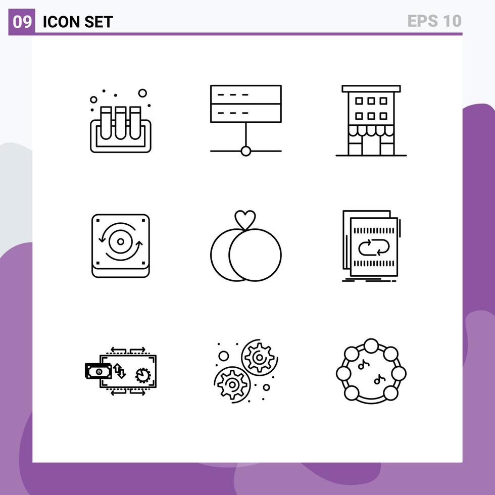 pacote de 9 sinais e símbolos de contornos modernos para mídia impressa na web, como anéis, edifícios de som, lojas de alto-falantes, elementos de design vetorial editáveis vetor
