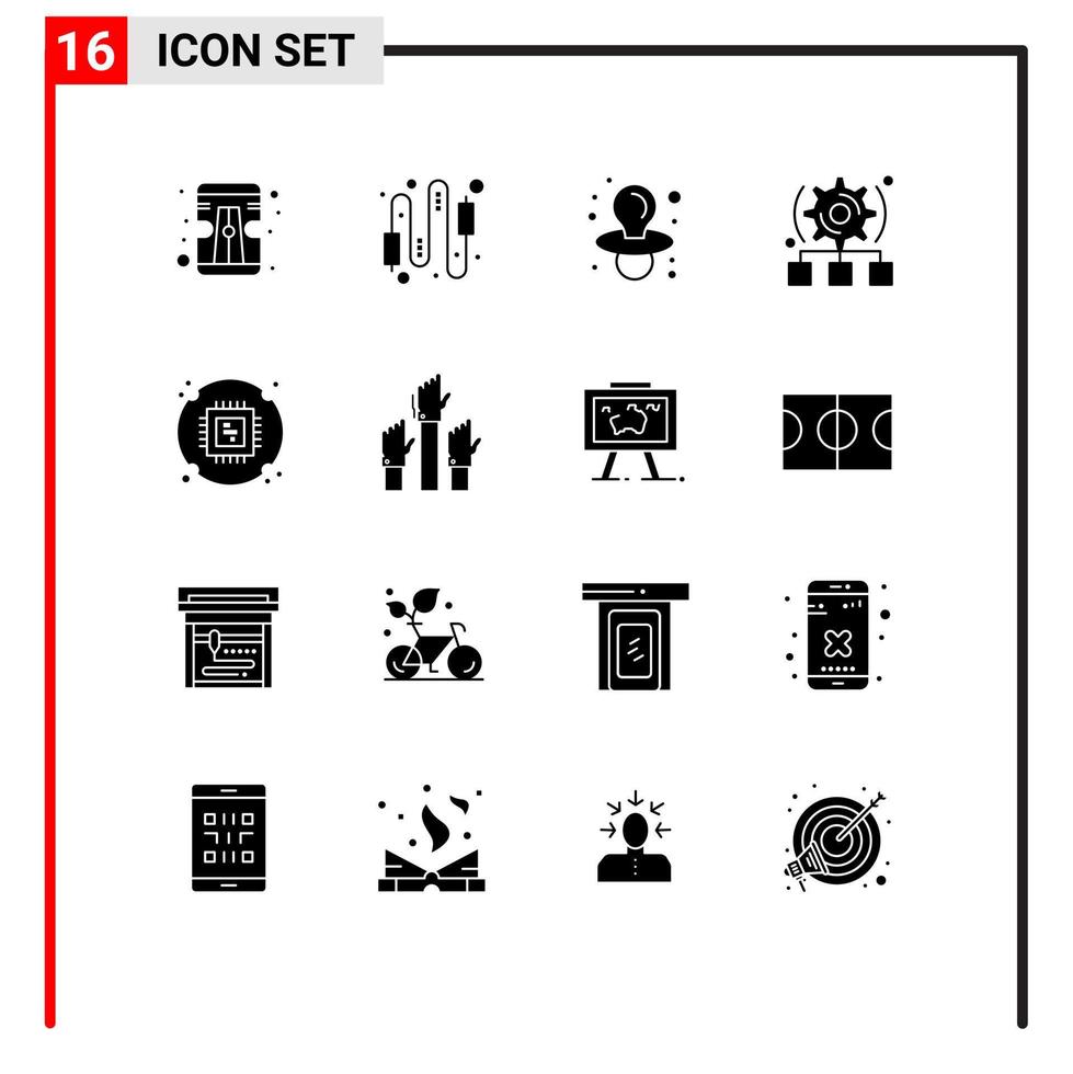 conjunto de glifos sólidos de interface móvel de 16 pictogramas de chip de processador baby server configurar elementos de design de vetores editáveis