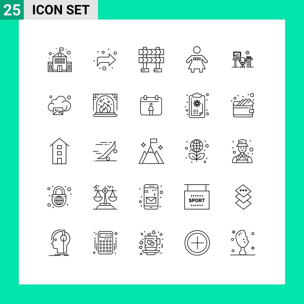 Pacote de linha de interface de usuário 25 de sinais e símbolos modernos de mesa de escritório em nuvem, cadeira de construção, elementos de design de vetores editáveis de escritório