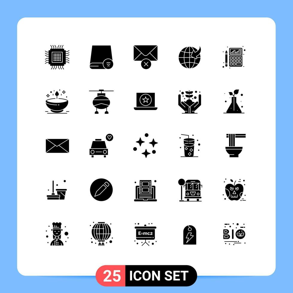 conjunto moderno de 25 glifos e símbolos sólidos, como elementos de design de vetores editáveis de mensagem de globo de gadget de viagem de orçamento