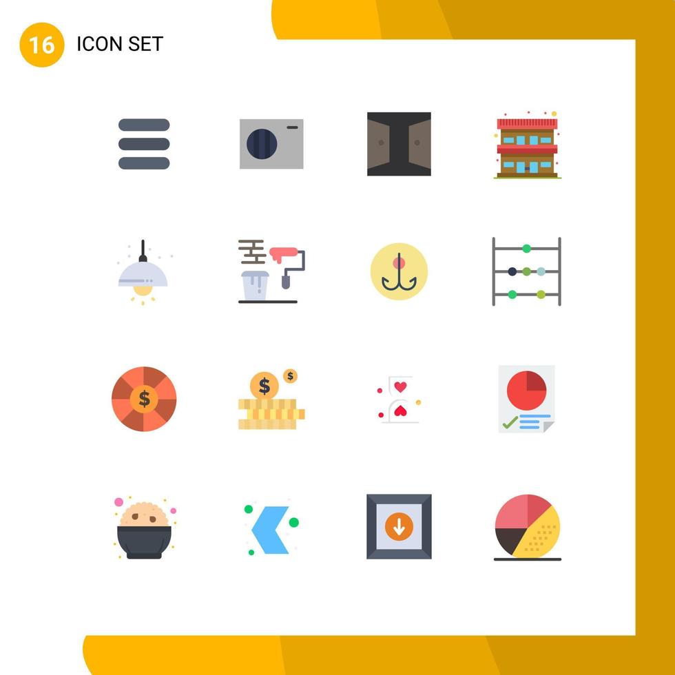 pacote de 16 sinais e símbolos modernos de cores planas para mídia impressa na web, como pacote editável de acomodação de viagem de portão de casa fixo de elementos de design de vetores criativos