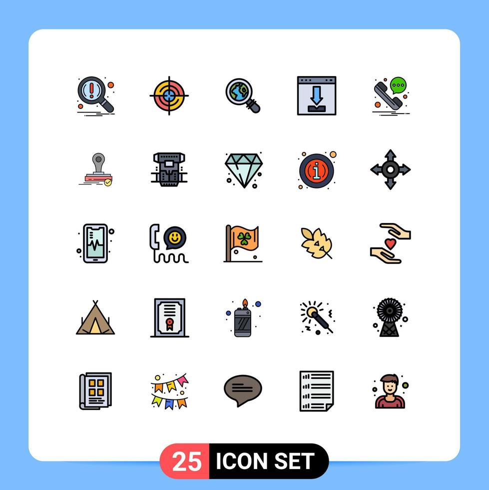 pacote de 25 sinais e símbolos modernos de cores planas de linha preenchida para mídia impressa na web, como carregamento de telefone, navegador de interface de comércio eletrônico, elementos de design vetorial editáveis vetor