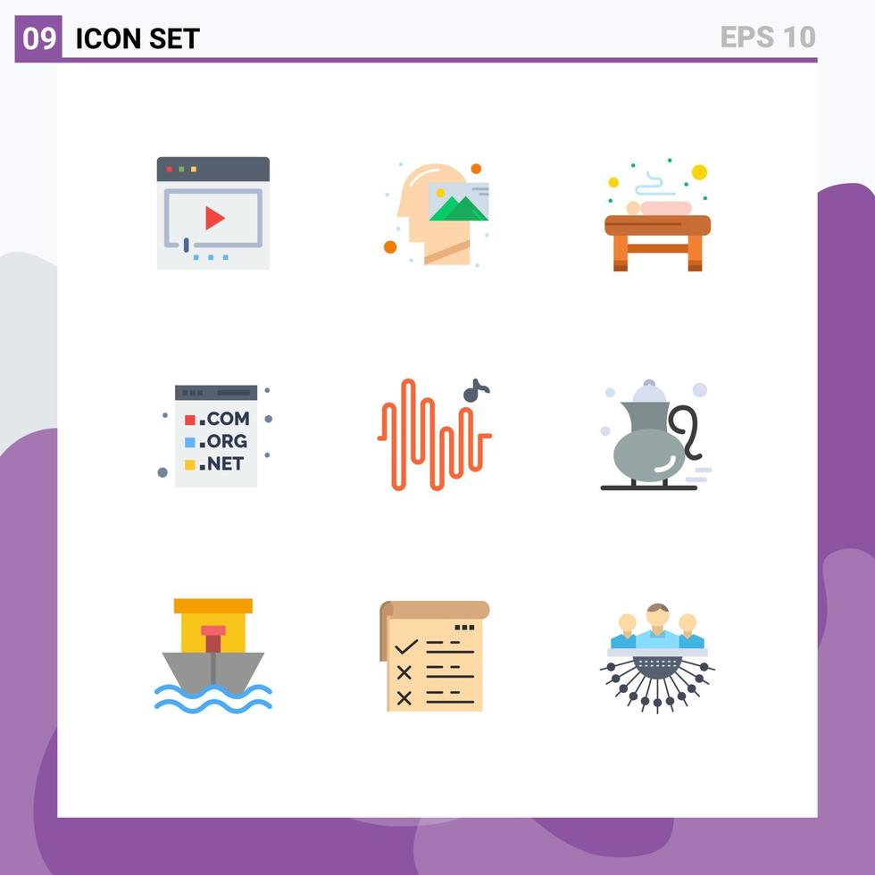 conjunto de cores planas de interface móvel de 9 pictogramas de código de desenvolvimento, relaxamento, navegador, elementos de design de vetores editáveis