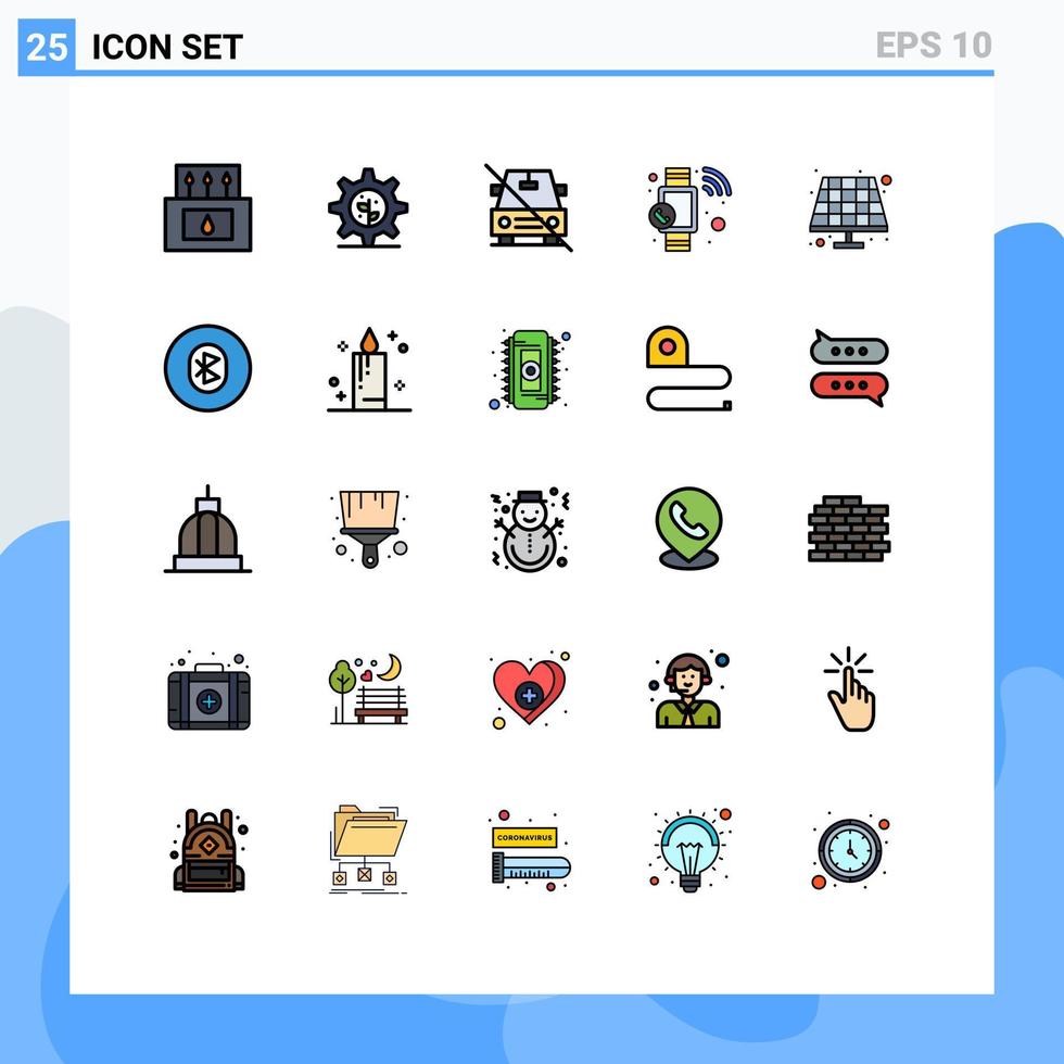 25 símbolos de sinais de cor plana de linha preenchida universal de relógio ecológico desativado, chamada de relógio inteligente, elementos de design de vetores editáveis