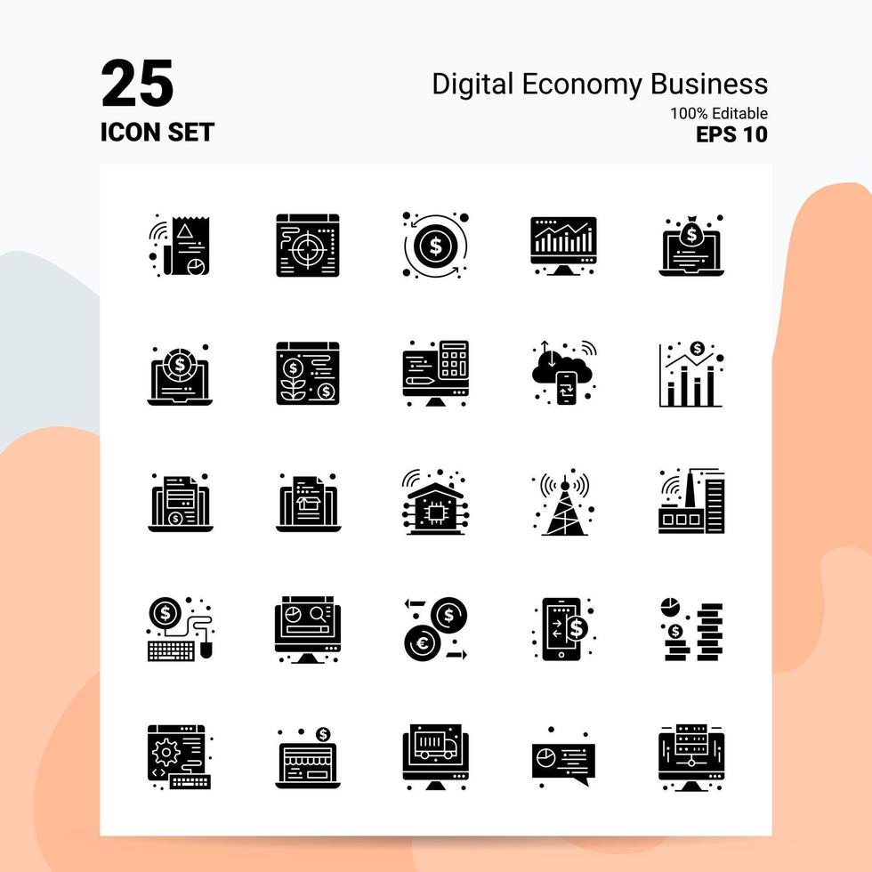 25 conjunto de ícones de negócios de economia digital 100 eps editáveis 10 arquivos idéias de conceito de logotipo de negócios design de ícone de glifo sólido vetor