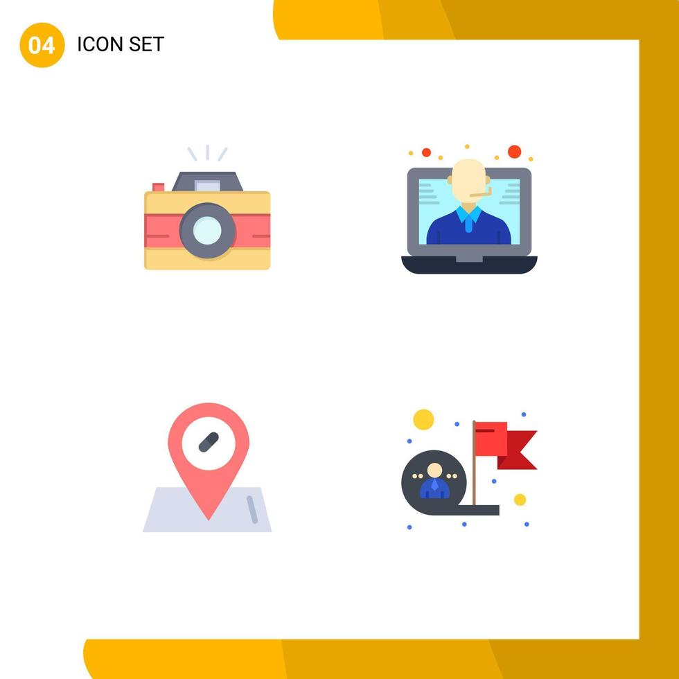 pacote de 4 ícones planos criativos de fotografia de localização de câmera suporta elementos de design de vetores editáveis