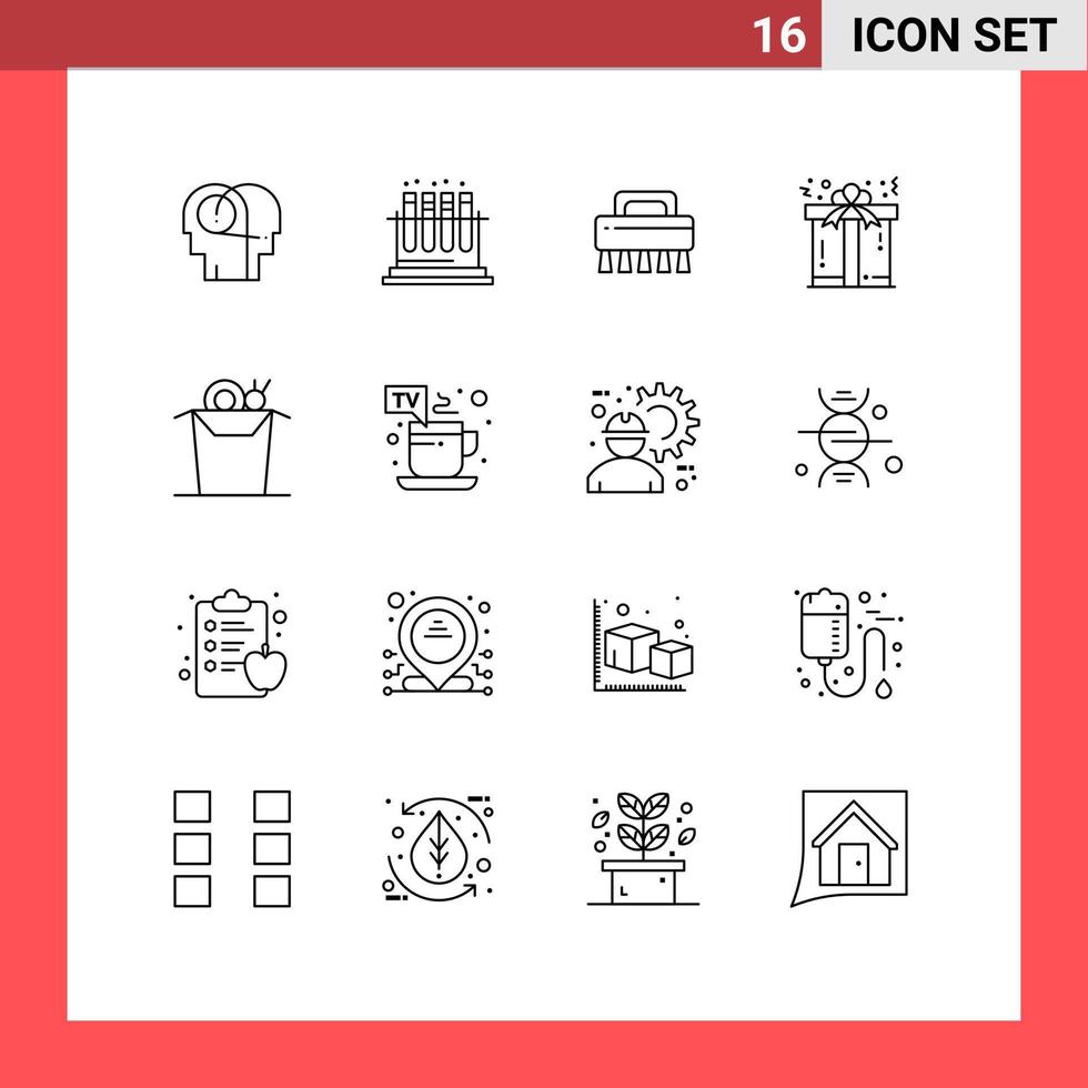 pacote de 16 sinais e símbolos de contornos modernos para mídia impressa na web, como pincel de macarrão de amor, elementos de design de vetores editáveis