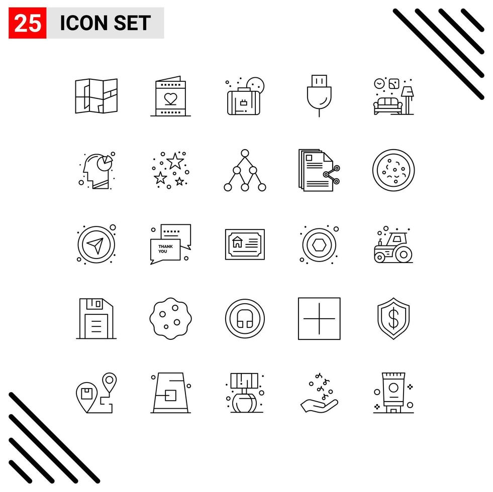 25 ícones criativos, sinais e símbolos modernos de produtos domésticos, dispositivos de plugue de bolsa, elementos de design vetorial editáveis vetor