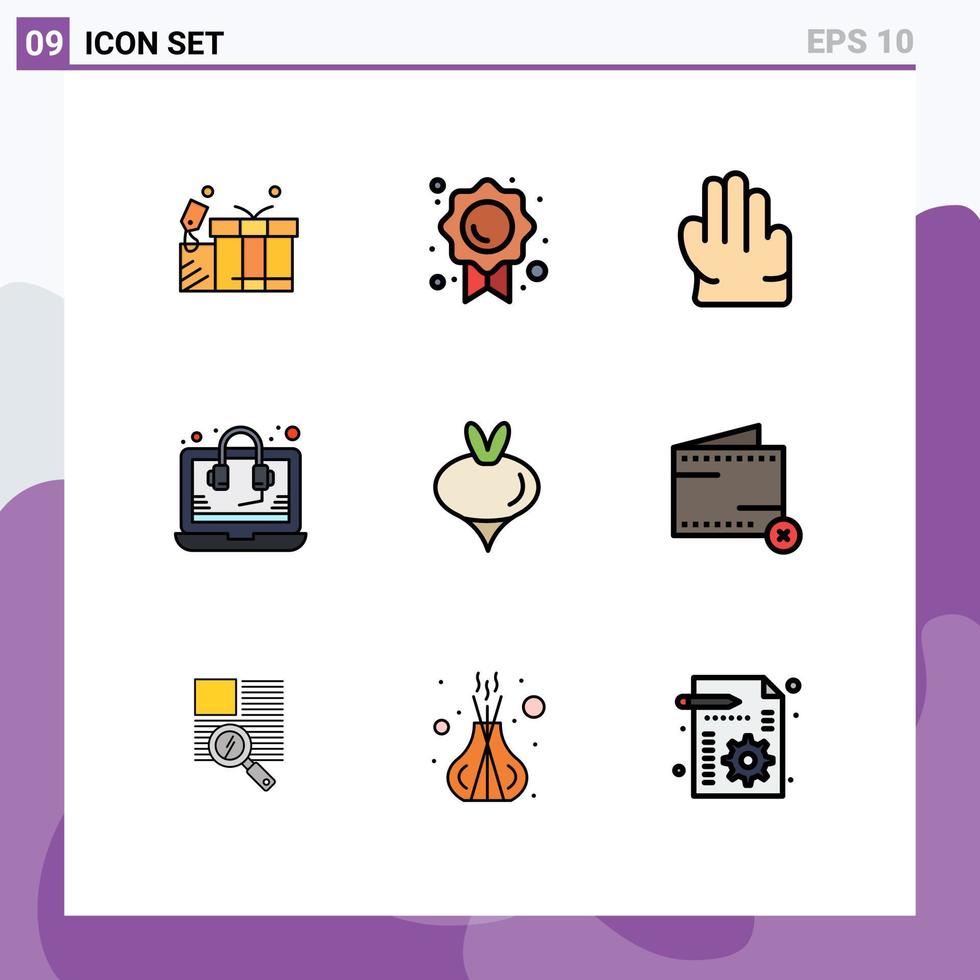 conjunto de cores planas de linha preenchida de interface móvel de 9 pictogramas de nabo de primavera pegue comida seo elementos de design de vetores editáveis