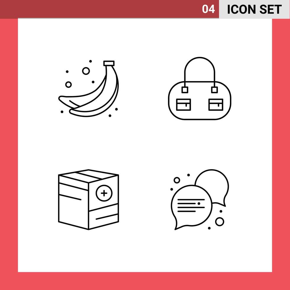 pacote de 4 cores planas criativas de linha preenchida de banana e conversa de caixa de bolsa elementos de design de vetores editáveis