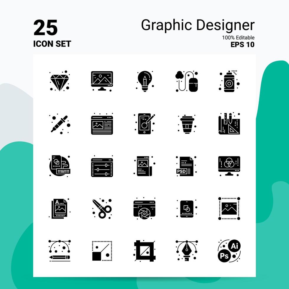 25 conjunto de ícones de designer gráfico 100 eps editáveis 10 arquivos idéias de conceito de logotipo de negócios design de ícone de glifo sólido vetor