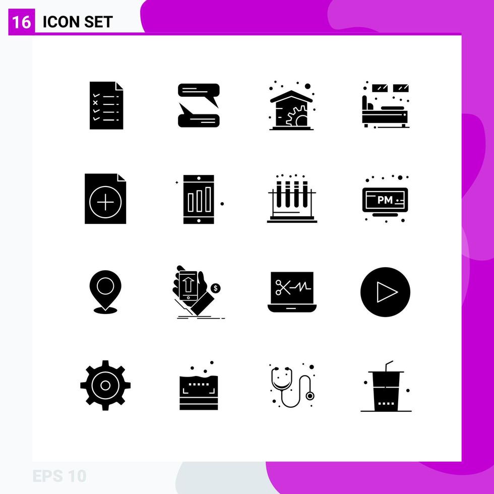 conjunto de glifos sólidos de interface móvel de 16 pictogramas de gerenciamento de documentos móveis adiciona elementos de design de vetores editáveis para dormir