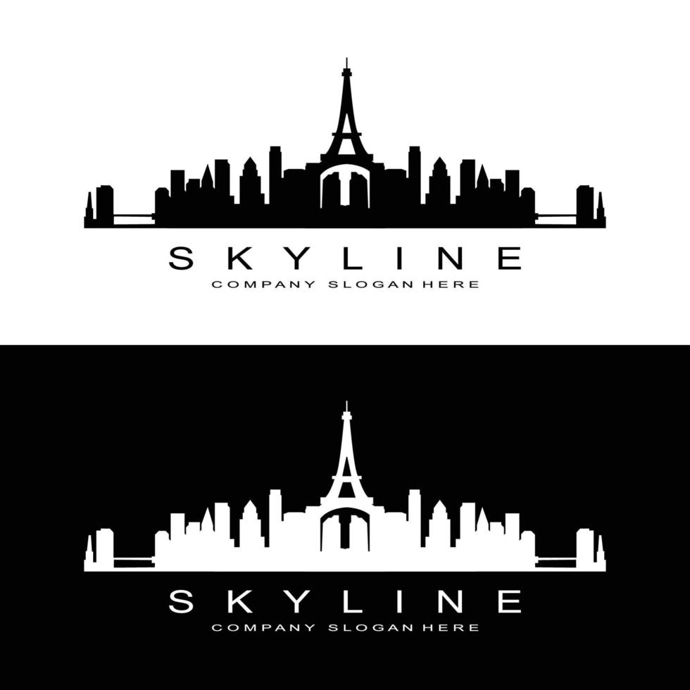 design de logotipo skyline, edifícios altos de vetor de paisagem urbana, design de ajuste de construção de cidade, empresa de construção de modelo de banner