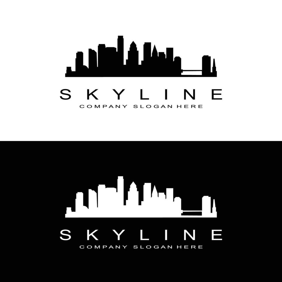 design de logotipo skyline, edifícios altos de vetor de paisagem urbana, design de ajuste de construção de cidade, empresa de construção de modelo de banner