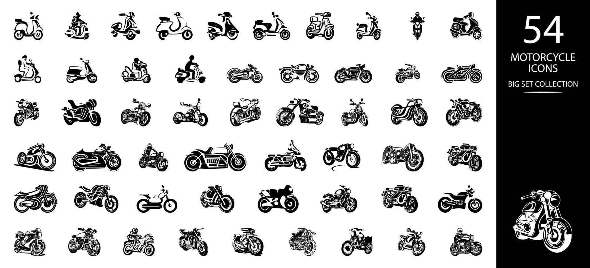 os ícones da motocicleta definem a ilustração vetorial. conjunto de ícones pretos de diferentes veículos motorizados. vetor