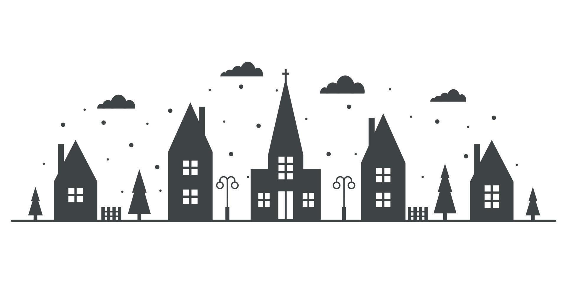 paisagem de inverno bairro suburbano. silhueta de casas e igreja no horizonte com flocos de neve. casas de campo. ilustração vetorial. vetor