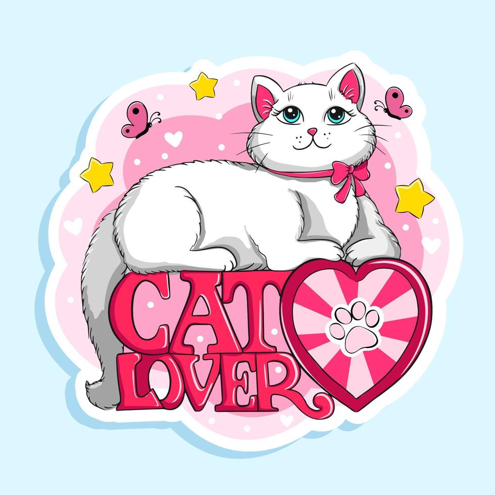 slogan do amante do gato com um gato branco e fofo bonito. adesivo de desenho vetorial vetor