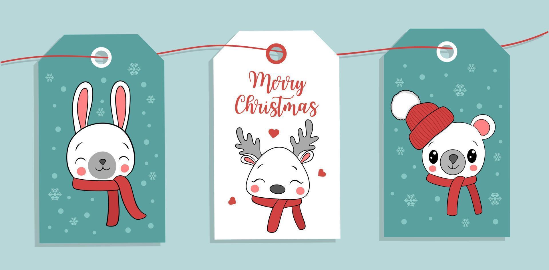 etiquetas de presente de natal com coelhinho fofo, urso polar e ilustração vetorial de veado vetor