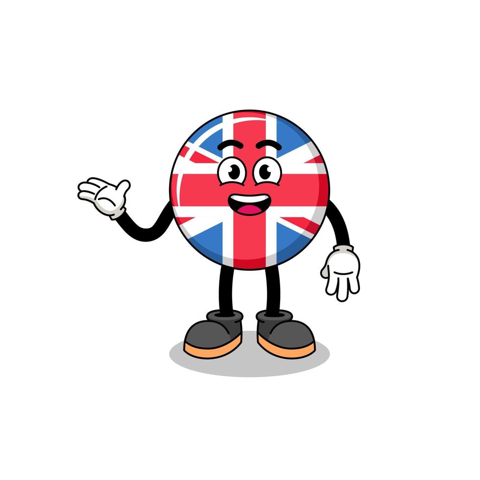 desenho animado da bandeira do reino unido com pose de boas-vindas vetor
