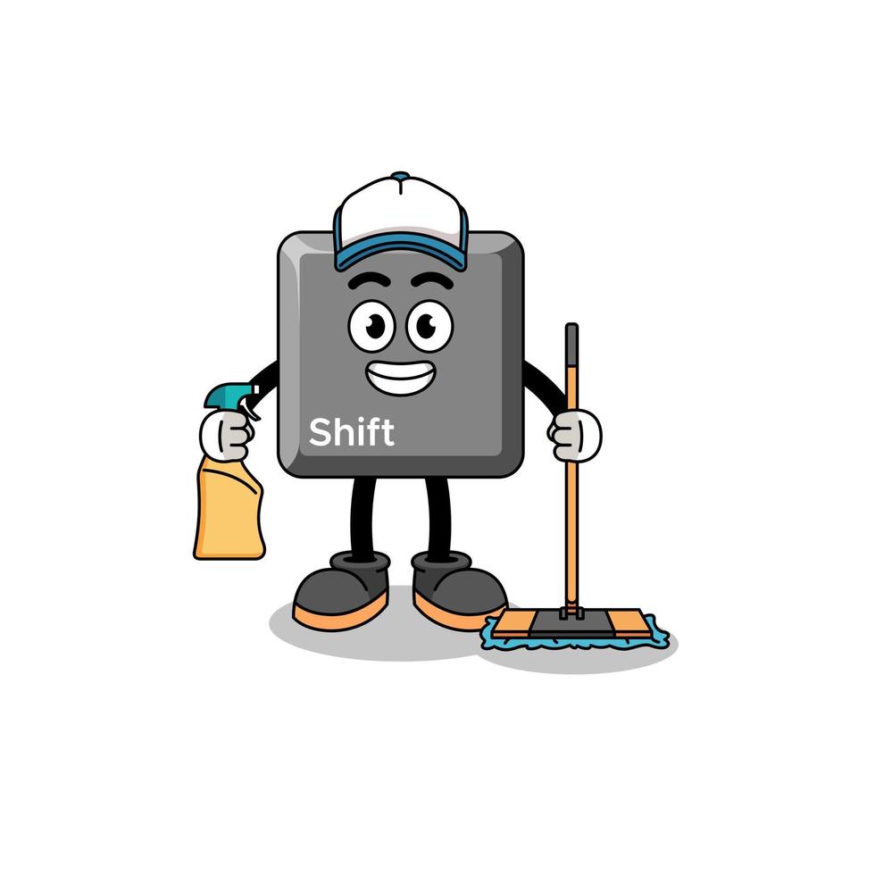 mascote de personagem da tecla shift do teclado como serviço de limpeza vetor