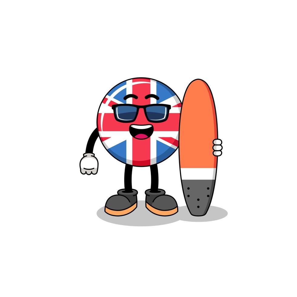 desenho de mascote da bandeira do reino unido como surfista vetor