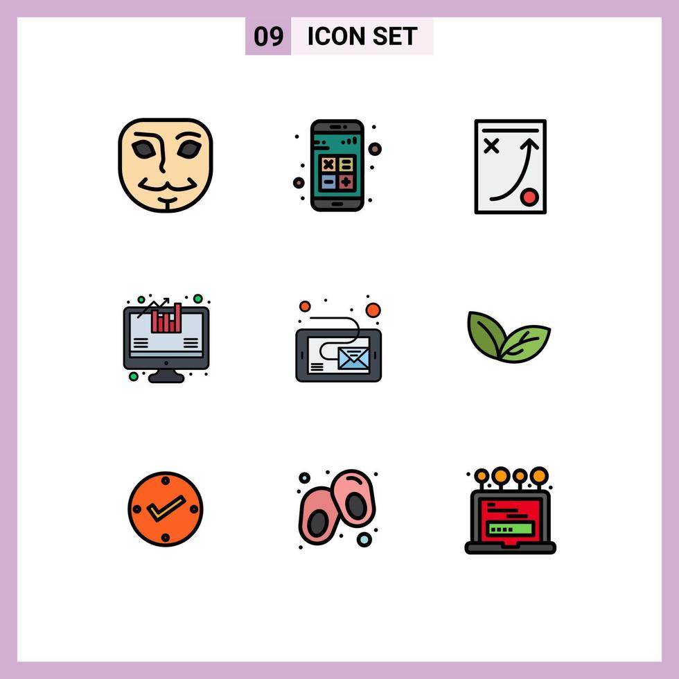 conjunto moderno de 9 cores e símbolos planos de linha preenchida, como elementos de design de vetores editáveis de tática de análise de diagrama de crescimento de caixa de entrada