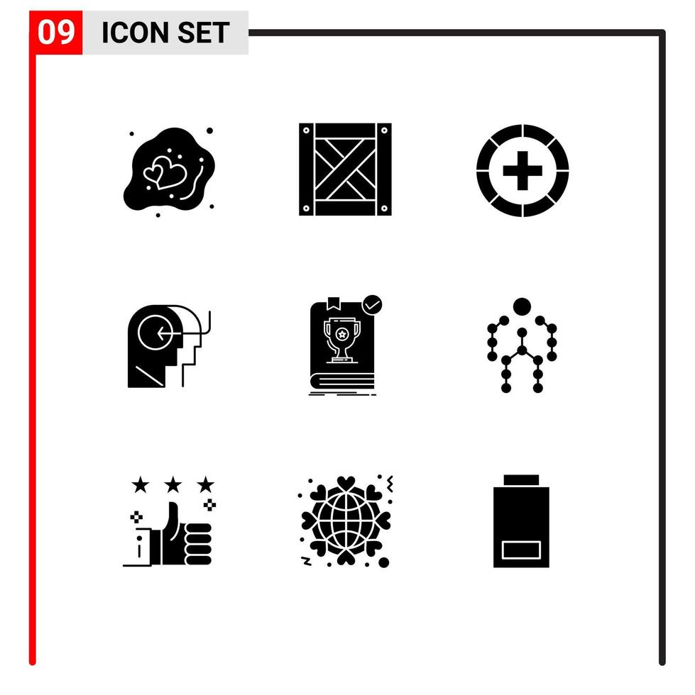 pacote de interface de usuário de 9 glifos sólidos básicos de doença de cabeça de livro ensinando medicina elementos de design de vetores editáveis