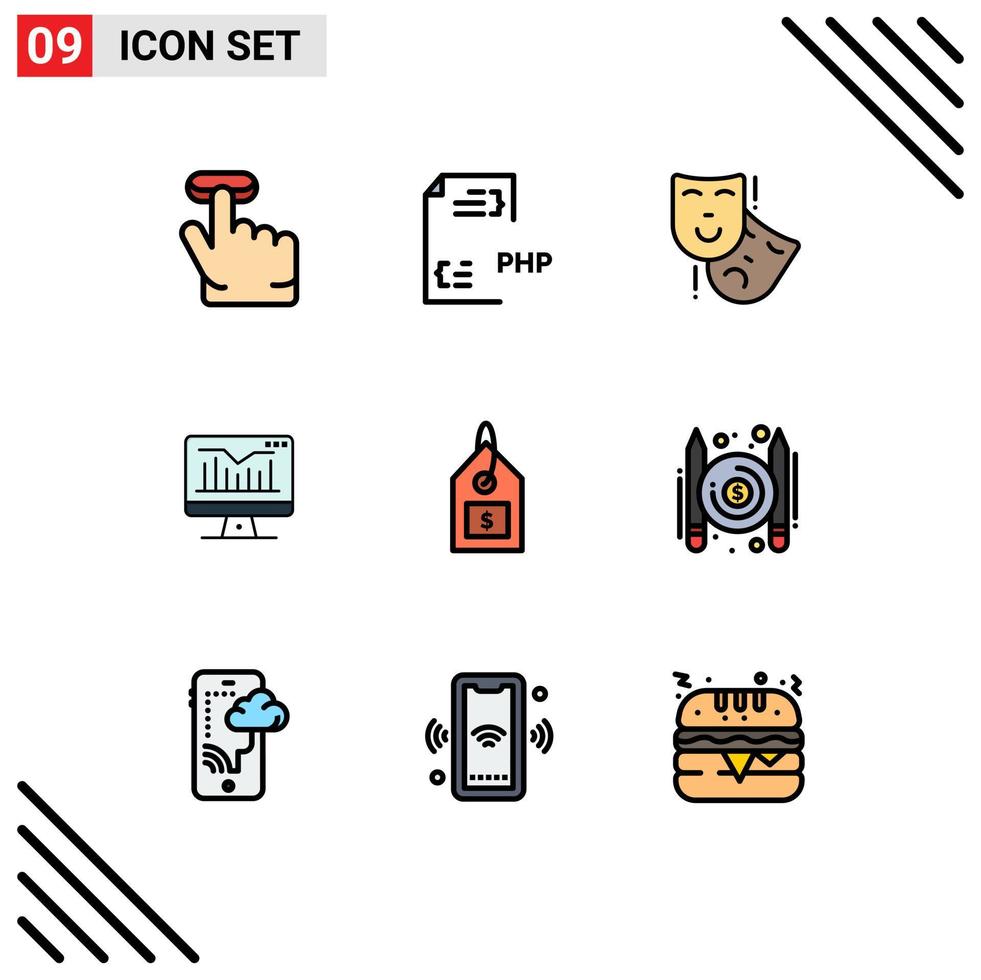 conjunto de 9 sinais de símbolos de ícones de interface do usuário modernos para monitor de dólar, gráfico de atuação, elementos de design de vetores editáveis de computador