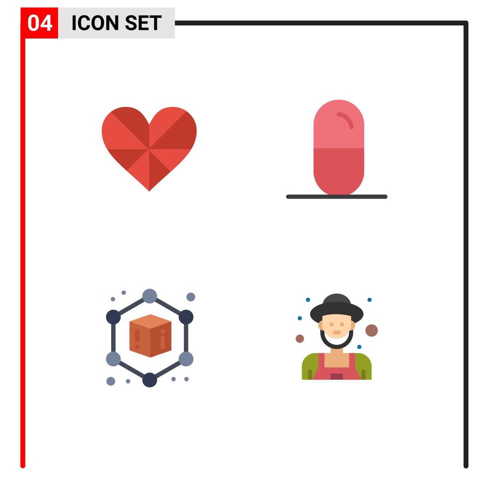 grupo de 4 ícones planos modernos definidos para elementos de design de vetores editáveis do agricultor de saúde favorito do cubo do coração