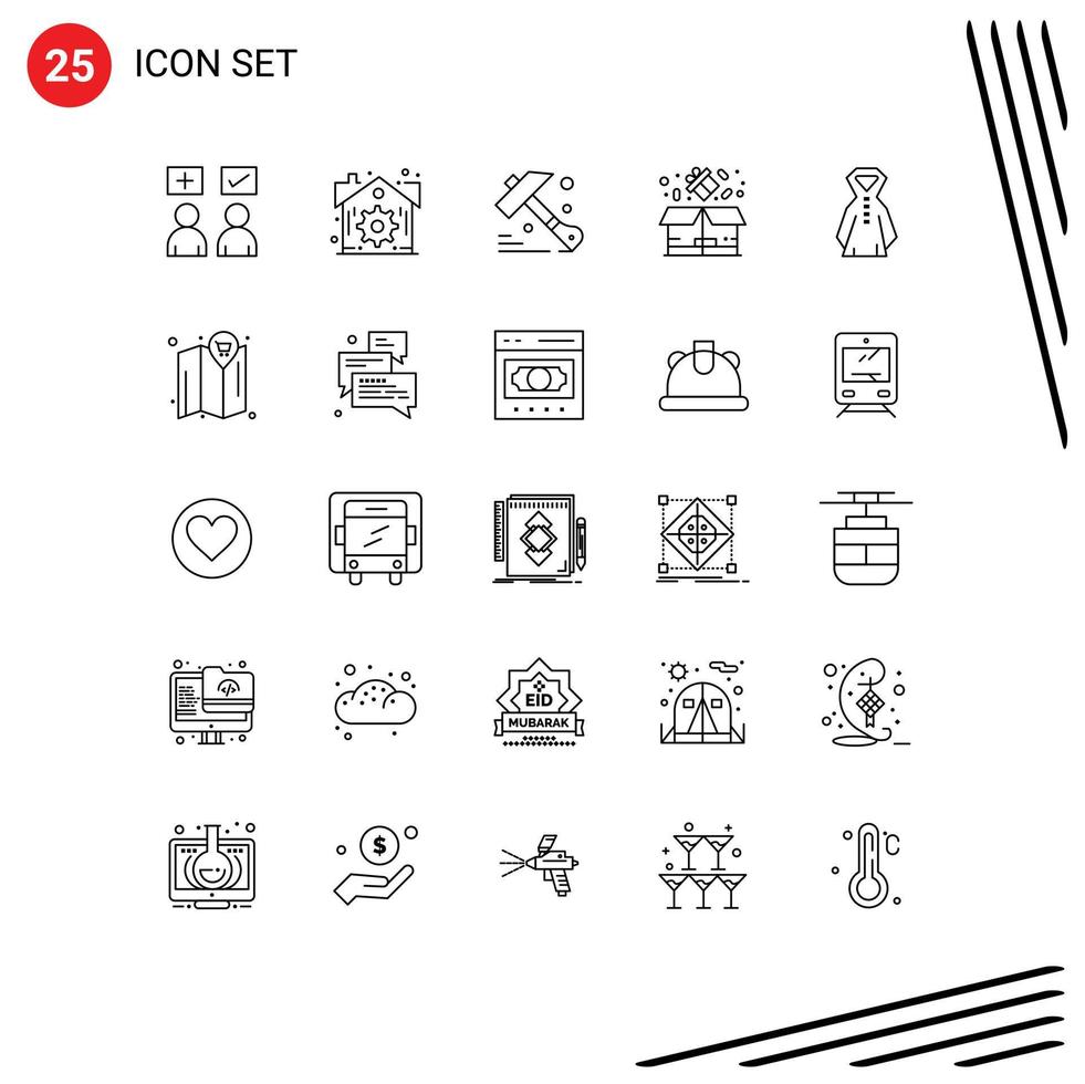 conjunto moderno de pictograma de 25 linhas de pacote de venda de construção de roupas chuvosas elementos de design vetorial editáveis vetor