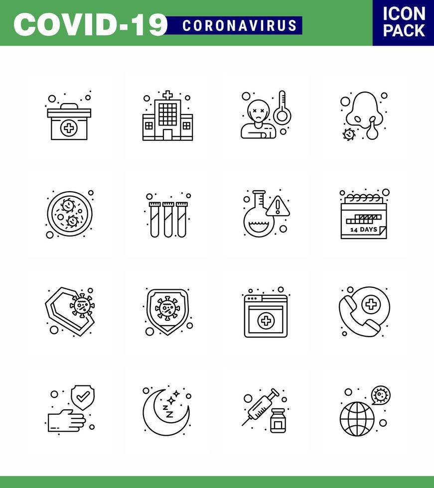 ícones de conscientização de coronavírus ícone de 16 linhas corona vírus relacionados à gripe, como germes, infecção nasal, febre, infecção nasal, vírus viral frio, elementos de design de vetor de doença de 2019nov
