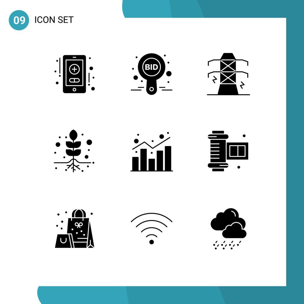 conjunto de glifos sólidos de interface móvel de 9 pictogramas de análise de relatório raízes de eletricidade planta elementos de design de vetores editáveis