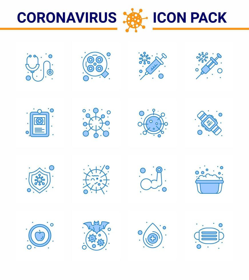 16 pacote de ícones do vírus viral azul corona, como doença, quadro hospitalar da gripe, registro clínico, coronavírus viral, elementos de design do vetor da doença de 2019nov