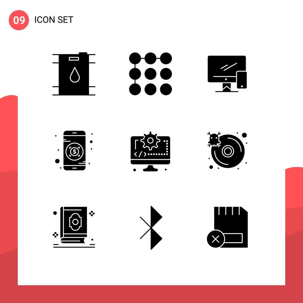 pacote de ícones vetoriais de estoque de sinais e símbolos de 9 linhas para dispositivo de codificação de engrenagem, investimento em computador, elementos de design vetorial editáveis vetor