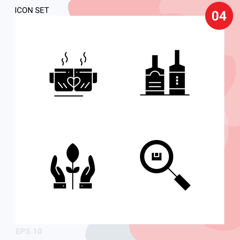 grupo de 4 sinais e símbolos de glifos sólidos para elementos de design de vetores editáveis à mão de bebida de coração de conservação de chá