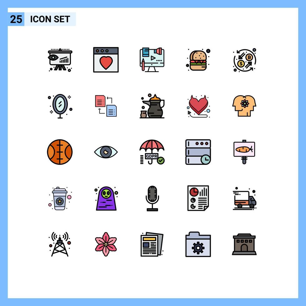 pacote de 25 cores planas de linha cheia criativa de conteúdo de moeda de troca hambúrguer de comida elementos de design de vetores editáveis