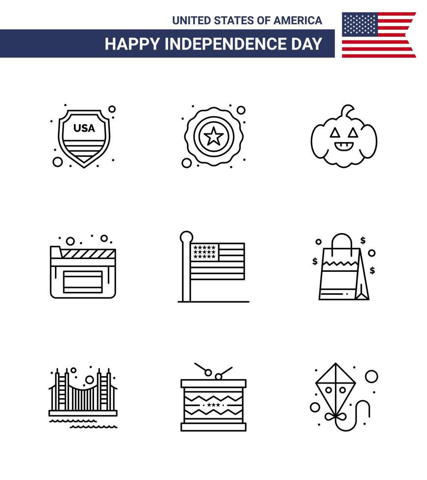 conjunto moderno de 9 linhas e símbolos no dia da independência dos eua, como saco, filme dos estados americanos editáveis, elementos de design vetorial do dia dos eua vetor