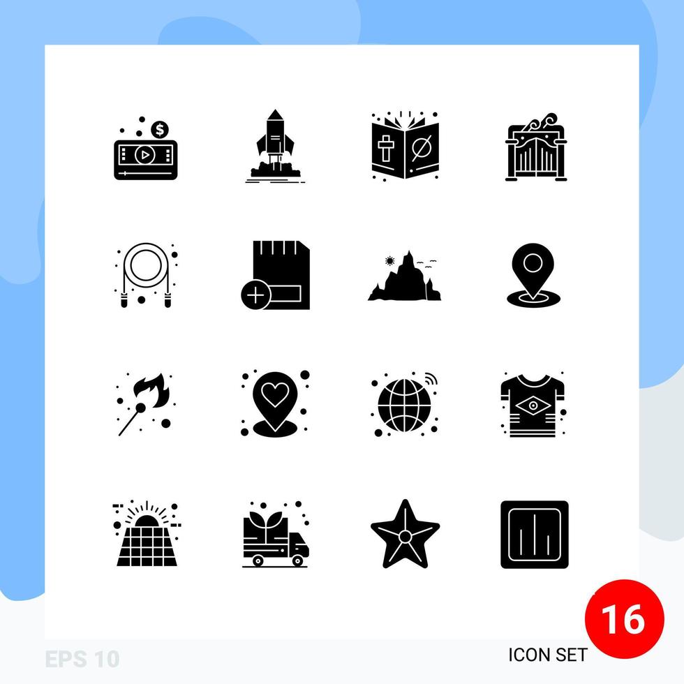 pacote de interface de usuário de 16 glifos sólidos básicos de religião de transporte de portão de jardim cristo elementos de design de vetores editáveis