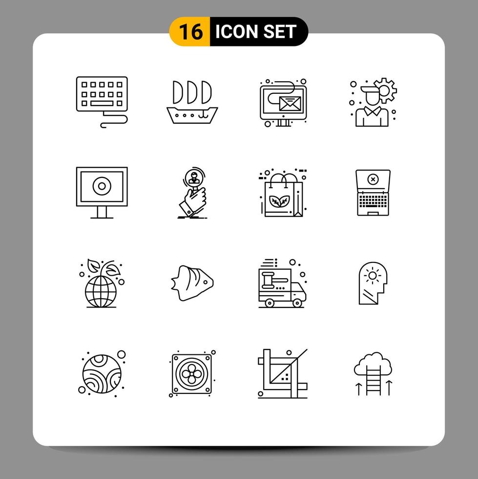 conjunto moderno de 16 contornos e símbolos, como localizar webcam de newsletter de recrutamento, exibir elementos de design de vetores editáveis