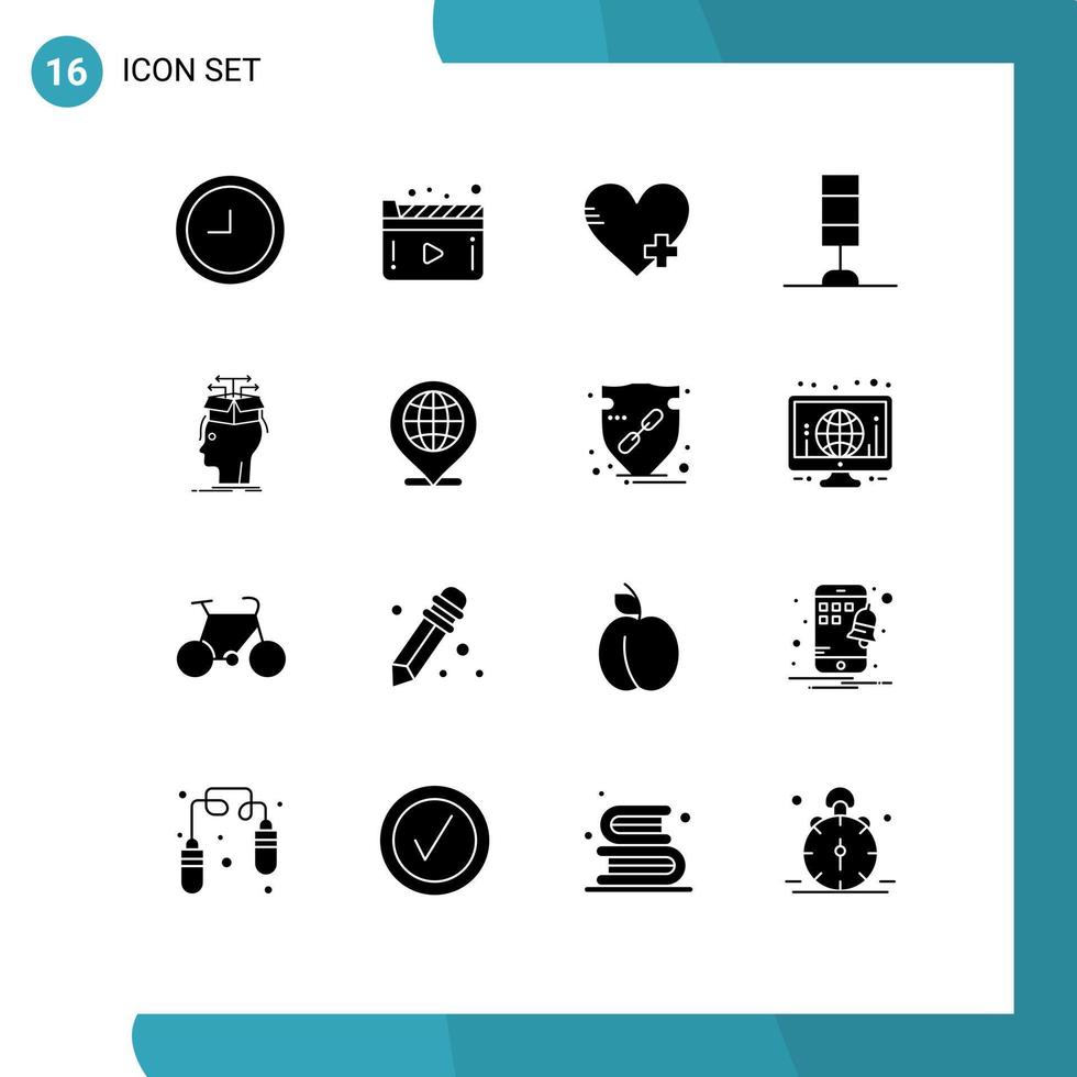 Pacote de glifos sólidos de 16 interfaces de usuário de sinais e símbolos modernos de elementos de design de vetores editáveis de dados de coração de conhecimento global