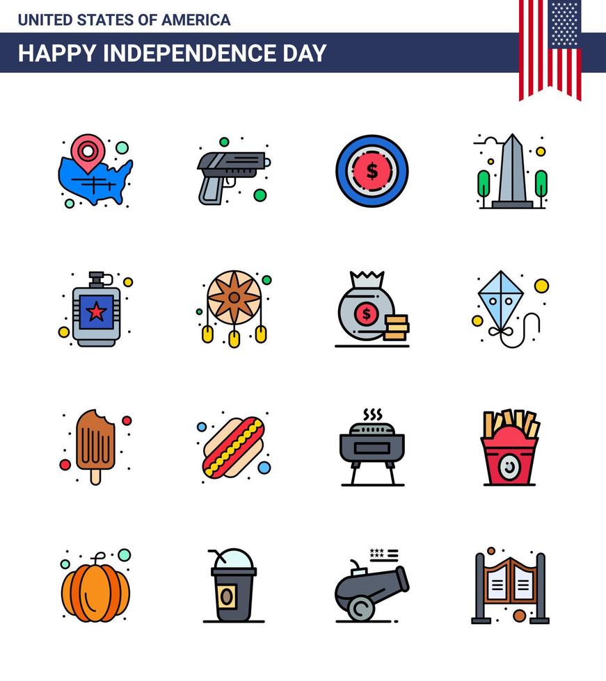 conjunto de 16 ícones do dia dos eua símbolos americanos sinais do dia da independência para alcoólico eua arma vista marco editável dia dos eua vetor elementos de design