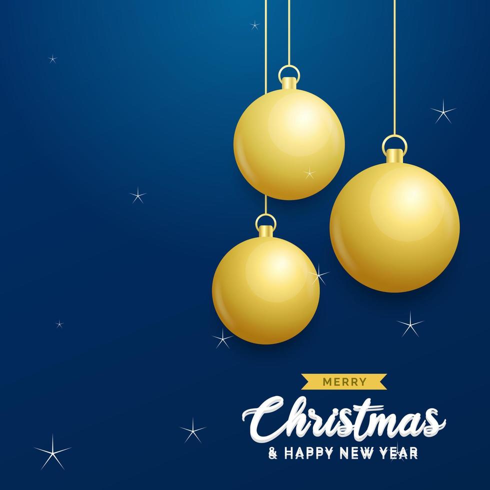 fundo azul de natal com bolas douradas brilhantes penduradas. cartão de feliz natal. feriado natal e cartaz de ano novo. banner da web vetor