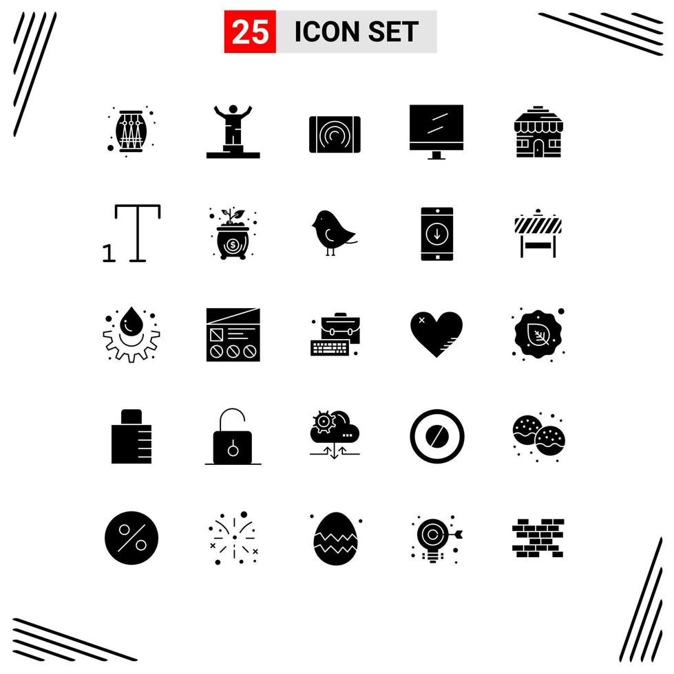 conjunto moderno de 25 glifos e símbolos sólidos, como elementos de design de vetores editáveis da interface de exibição de sucesso do house mac