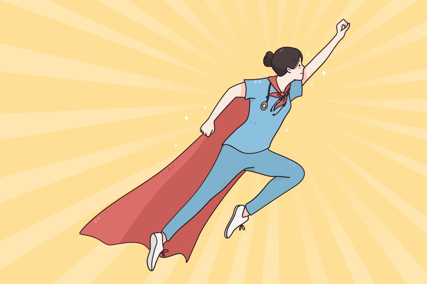 médico super-herói em medicina durante o conceito de pandemia. médica vestindo capa de super-herói voando pronta para ajudar durante ilustração vetorial de surto de coronavírus vetor