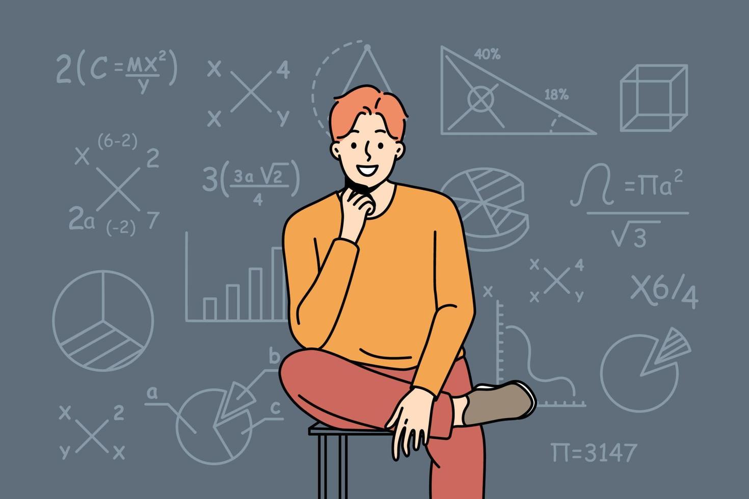 jovem inteligente sorridente sente-se na cadeira no fundo da fórmula matemática. professor inteligente bem-sucedido ou tutor próximo ao quadro na sala de aula. ilustração vetorial. vetor