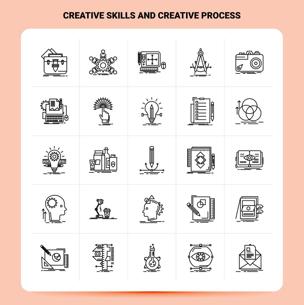 delinear 25 habilidades criativas e conjunto de ícones de processo criativo vetor design de estilo de linha ícones pretos conjunto de pictograma linear pacote de ideias de negócios móveis e web design ilustração vetorial