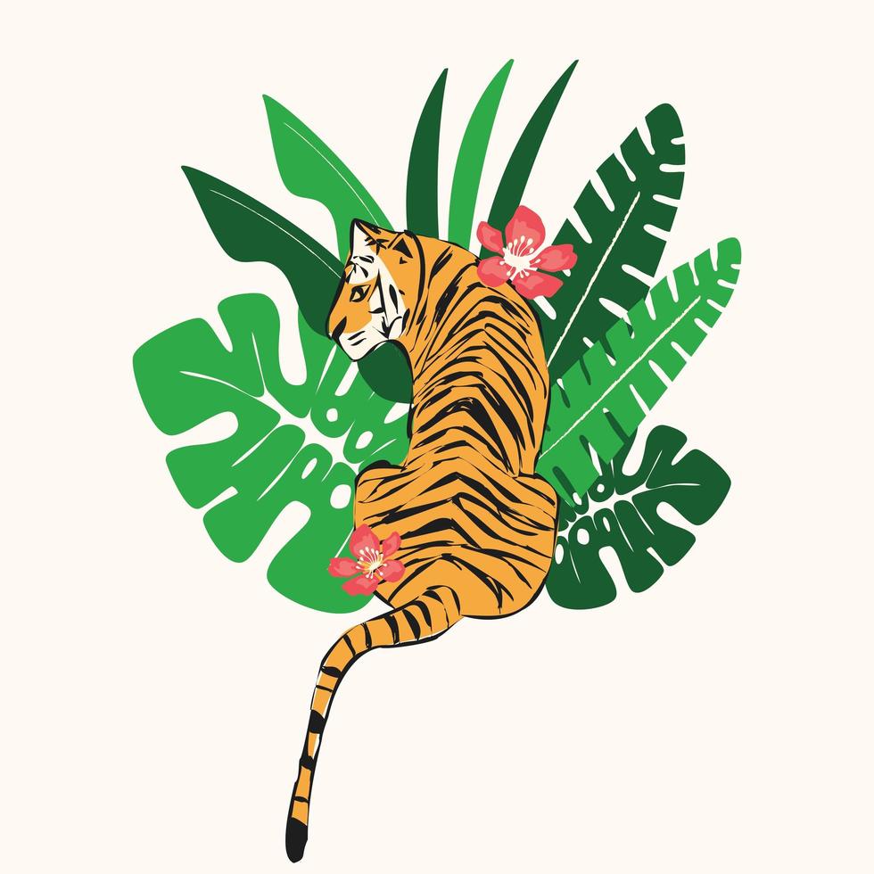 tigre desenhado à mão com folhas tropicais exóticas vetor