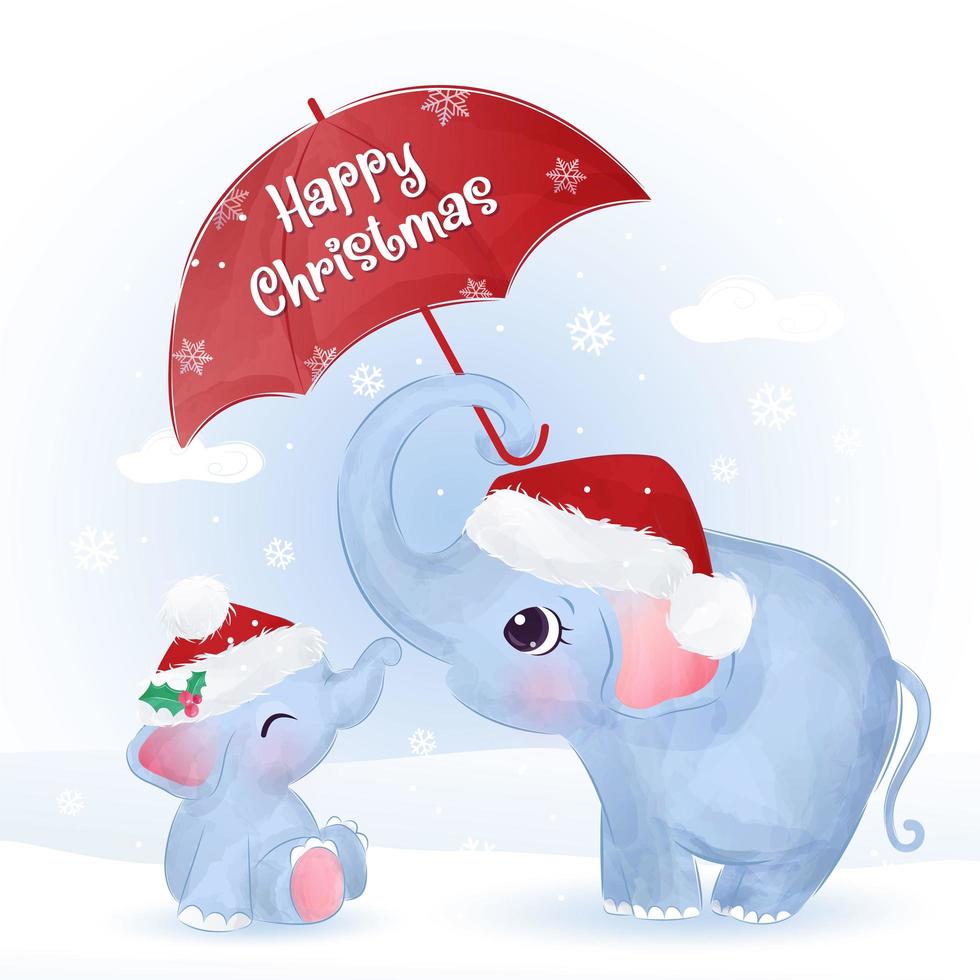 cartão de Natal com uma linda mamãe e um bebê elefante vetor