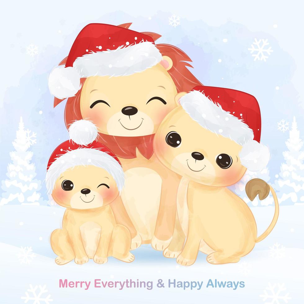 cartão de Natal com família de leões fofos vetor