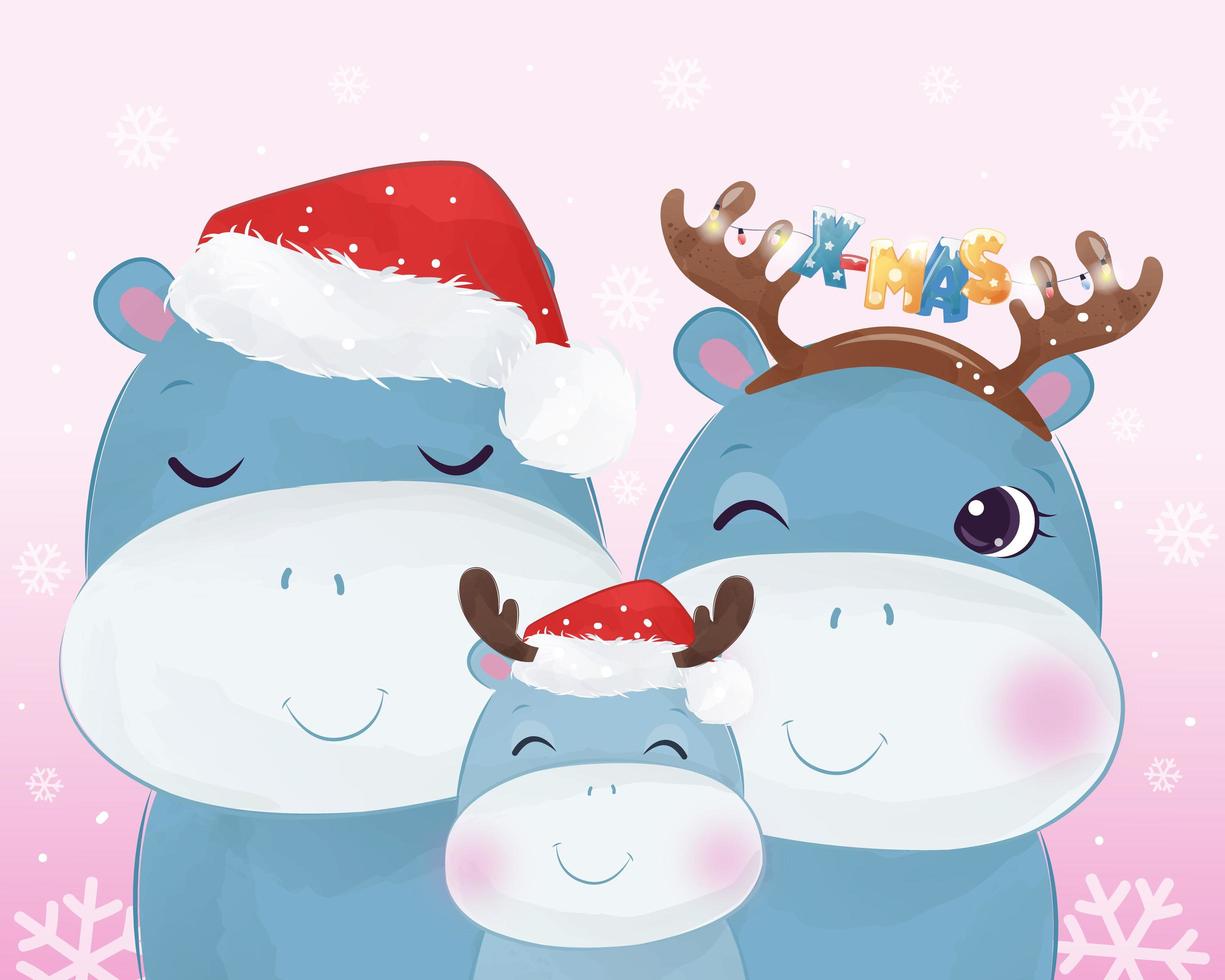 cartão de natal com adorável família de hipopótamos vetor